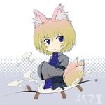  absurdres alternate_costume animal_ears blonde_hair blue_dress blue_eyes blush dress fox_ears fox_tail gap hayate-s highres multiple_tails no_hat no_headwear short_hair smoke solo tail touhou translated yakumo_ran 