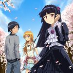  2girls black_hair blue_eyes brown_hair casual cherry_blossoms dress gokou_ruri gothic_lolita jacket kousaka_kirino kousaka_kyousuke lolita_fashion long_hair multiple_girls no10 ore_no_imouto_ga_konna_ni_kawaii_wake_ga_nai red_eyes short_hair tree 