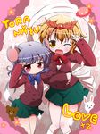  :x alternate_costume animal_ears bad_id bad_pixiv_id blonde_hair grey_hair hair_ornament mouse_ears mouse_tail multiple_girls muu_rian nazrin one_eye_closed parody red_eyes school_uniform short_hair stuffed_animal stuffed_bunny stuffed_toy tail teddy_bear toradora! toramaru_shou touhou v yellow_eyes 