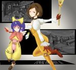  2girls bell boots bracelet brown_eyes brown_hair catsuit child choker eiko_carol female final_fantasy final_fantasy_ix flute garnet_til_alexandros_xvii girl gloves horn instrument jewelry multiple_girls pendant plumsyrup purple_hair ribbon short_hair staff wings yellow_eyes yellow_ribbon 