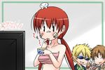  3boys accelerator ahoge ashikaga_tamane bad_id bad_pixiv_id bandages blonde_hair blush brown_hair character_request closed_eyes etzali food hug ice_cream last_order multiple_boys multiple_girls musujime_awaki open_mouth red_hair saliva sarashi smile sunglasses television to_aru_majutsu_no_index translated tsuchimikado_motoharu twintails 