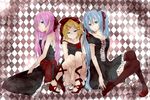  aqua_eyes bad_id bad_pixiv_id blonde_hair blue_eyes blue_hair checkered checkered_background dress hair_ornament hair_over_one_eye hair_ribbon hairclip hatsune_miku kagamine_rin leg_hug long_hair megurine_luka multiple_girls naru_(andante) pink_hair ribbon sitting thighhighs twintails very_long_hair vocaloid 