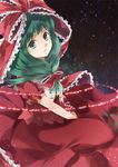  bad_id bad_pixiv_id bow dress frills front_ponytail green_eyes green_hair hair_bow hair_ribbon kagiyama_hina long_hair ribbon shiyun smile solo touhou 