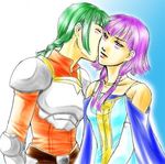  2girls armor bare_shoulders belt blush braid cape dress eyes_closed fire_emblem fire_emblem:_seima_no_kouseki fire_emblem_sacred_stones green_hair jewelry kiss lips long_hair lowres lute_(fire_emblem) multiple_girls necklace pegasus_knight purple_eyes purple_hair short_hair vanessa_(fire_emblem) yuri 