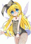  animal_costume animal_ears blonde_hair blue_eyes blush bunny_ears bunny_tail bunnysuit collet_brunel fishnet_pantyhose fishnets flat_chest hairband long_hair milkpanda pantyhose solo tail tales_of_(series) tales_of_symphonia traditional_media very_long_hair wardrobe_malfunction white_background wings wrist_cuffs 