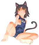  :&lt; animal_ears barefoot black_hair cat_ears cat_tail feet kurona_(neko_musume_michikusa_nikki) neko_musume_michikusa_nikki one-piece_swimsuit oono_tsutomu school_swimsuit short_hair sitting solo spread_legs swimsuit tail 