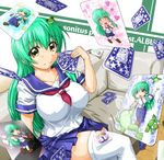  absurdres alternate_costume blue_card breasts card covered_nipples crossed_legs detached_sleeves falling_card frog green_eyes green_hair hair_ornament heart highres holding holding_card huge_breasts kochiya_sanae long_hair lying_card moriya_suwako rei_(holyspirit) school_uniform serafuku sitting snake solo symbol-shaped_pupils thighhighs touhou white_legwear yellow_eyes zettai_ryouiki 