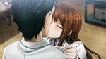  1boy 1girl black_hair blush brown_hair computer_mouse game_cg hetero huke kiss lab_coat long_hair makise_kurisu official_art okabe_rintarou photoshop_(medium) short_hair steins;gate tears 