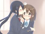  bad_id bad_pixiv_id black_hair blush brown_eyes brown_hair closed_eyes hirasawa_yui k-on! kiss long_hair masamuuu multiple_girls nakano_azusa neck_ribbon red_ribbon ribbon romaji school_uniform short_hair twintails yuri 