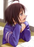  antenna_hair black_hair chin_rest classroom desk idolmaster idolmaster_(classic) idolmaster_2 kikuchi_makoto mechanical_pencil nekopuchi pencil pencil_mustache solo sweater 