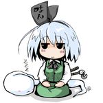  ascot black_hairband blouse blush chibi dress ghost green_dress hairband hayate-s hitodama katana konpaku_youmu konpaku_youmu_(ghost) myon_(phrase) seiza short_hair silver_hair sitting skirt sleeping solo sword touhou vest weapon 