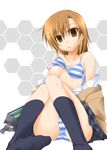  bra breasts brown_eyes brown_hair flower hair_flower hair_ornament head_mounted_display highres honeycomb_(pattern) honeycomb_background kagura_nanaki lingerie misaka_imouto nipples panties short_hair small_breasts socks solo striped striped_bra striped_panties to_aru_majutsu_no_index underwear 