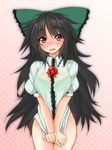  bad_id bad_pixiv_id black_hair blush bottomless bow bra covering covering_crotch full-face_blush green_bow hair_bow kamo_(yokaze) lingerie long_hair messy_hair red_eyes reiuji_utsuho see-through solo touhou underwear very_long_hair 