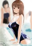  artist_name bangs blue_swimsuit blunt_bangs blurry blush breasts brown_hair competition_school_swimsuit depth_of_field dh-zone highres light_smile long_hair looking_at_viewer medium_breasts multiple_girls one-piece_swimsuit original pool poolside school_swimsuit shiny shiny_clothes signature sketch solo_focus swimsuit wading water 