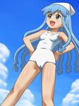  1girl awa blue_eyes blue_hair ikamusume shinryaku!_ikamusume swimsuit tentacle_hair white_swimsuit 