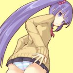  alternate_costume ass blue_eyes blue_hair flat_chest kuro_(be_ok) long_hair miniskirt panties simple_background skirt solo sophie_(tales) striped striped_panties sweater tales_of_(series) tales_of_graces twintails underwear yellow_background 