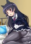  animal_ears ass bad_id bad_pixiv_id bed black_hair black_legwear blush cat_ears computer crotch crotch_seam dress gokou_ruri kimoto_kanata laptop long_hair lying mole mole_under_eye on_side open_mouth ore_no_imouto_ga_konna_ni_kawaii_wake_ga_nai panties panties_under_pantyhose pantyhose pantyshot pantyshot_(lying) red_eyes solo thighband_pantyhose underwear 