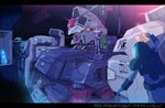  anavel_gato bad_id bad_pixiv_id gundam gundam_0083 gundam_gp-02_physalis helmet highres letterboxed mecha multiple_boys pilot_suit saikikazuya silver_hair spacesuit text_focus zaku zaku_ii zaku_ii_f2 