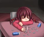  aosora_(mizore) bad_id bad_pixiv_id braid chair cup desk drugged drugs empty_eyes madotsuki medicine pink_shirt red_eyes red_hair shirt sick solo twin_braids twintails yume_nikki 