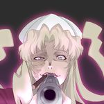  aiming_at_viewer balalaika_(black_lagoon) black_lagoon cigar evil_smile fusion gun mole mole_under_eye parody paya_(paya19891115) pun purple_eyes scar shinryaku!_ikamusume simple_background smile solo tentacle_hair tentacles weapon 