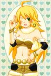  ahoge bad_id bad_pixiv_id beyond_the_wishes blonde_hair bracelet earrings green_eyes hoshii_miki idolmaster idolmaster_(classic) jewelry long_hair midriff navel one_eye_closed open_mouth solo yamada_tan 