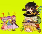  ? asymmetrical_wings bad_id bad_pixiv_id bat_wings black_hair black_legwear blonde_hair chibi dogpile dress flandre_scarlet gradient_hair green_hair hat hijiri_byakuren houjuu_nue komeiji_koishi komeiji_satori long_hair mizuoka_magu multicolored_hair multiple_girls purple_hair red_eyes remilia_scarlet short_hair simple_background sun_hat sweatdrop thighhighs touhou wings yellow_background 