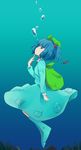  backpack bag blue_eyes blue_hair boots bubble cattail dress hair_bobbles hair_ornament hat ica kawashiro_nitori plant short_hair solo touhou twintails two_side_up underwater 