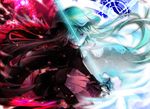  black_dress blue dress energy_sword frilled_sleeves frills hatsune_miku heaven_or_hell_(vocaloid) holding holding_sword holding_weapon hood long_hair long_sleeves looking_at_viewer mariwai_(marireroy) purple_eyes red solo split_screen split_theme sword very_long_hair vocaloid weapon 