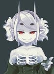  breasts cleavage demon_girl detached_sleeves hikimayu horns mota original pointy_ears red_eyes ribs simple_background sketch small_breasts smile solo white_hair white_skin x-ray 