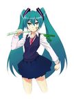  2h5roa aqua_eyes aqua_hair bad_id bad_pixiv_id bandaid bandaid_on_face clenched_hand cowboy_shot hatsune_miku holding long_hair necktie pleated_skirt red_neckwear simple_background skirt solo spring_onion sweater_vest twintails very_long_hair vocaloid wing_collar 
