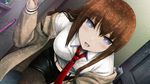  belt blue_eyes blush brown_hair game_cg huke jacket legwear_under_shorts long_hair makise_kurisu necktie off_shoulder official_art pantyhose red_neckwear shorts smile solo steins;gate 