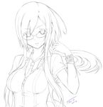  bracelet breasts glasses greyscale highres jewelry large_breasts lineart long_hair monochrome necktie original solo tel-o 