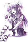  angel_beats! long_hair monochrome open_mouth otoki_raku school_uniform sitting solo thigh_strap yui_(angel_beats!) 