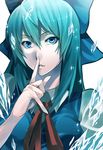 alternate_hairstyle aqua_hair blue_eyes blue_hair bow cirno face finger_to_mouth hair_bow hands highres ice irohara_mitabi lips long_hair looking_at_viewer older shushing solo touhou 
