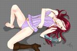  1girl barefoot brown_eyes cashew corset erza_scarlet fairy_tail feet female foot lingerie long_hair lying lying_down nail_polish purple_thong red_hair solo toenails toes underwear 
