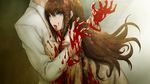  1girl bleeding blood bloody_clothes blue_eyes brown_hair death game_cg huke labcoat long_hair makise_kurisu okabe_rintarou spoilers steins;gate 