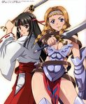  absurdres armor black_hair blonde_hair blue_eyes breasts buckle cleavage highres huge_filesize japanese_clothes large_breasts leina multiple_girls non-web_source purple_eyes queen's_blade sword tomoe twintails weapon 