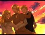  2boys alphonse_elric bad_id bad_pixiv_id blonde_hair braid closed_eyes earrings edward_elric formal fullmetal_alchemist hand_on_shoulder jacket jewelry long_hair looking_back multiple_boys open_mouth pocky1202 ponytail smile sunset winry_rockbell 