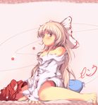  aruu_(memories) bad_id bad_pixiv_id bare_shoulders barefoot between_legs blonde_hair bottomless bow cushion dress_shirt fujiwara_no_mokou hair_bow hand_between_legs highres off_shoulder red_eyes shirt sitting solo touhou wariza 