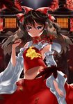  armpits ascot bad_id bad_pixiv_id bow branch breasts brown_eyes brown_hair detached_sleeves hair_bow hakurei_reimu highres lantern leaf long_hair midriff navel sideboob small_breasts solo stone_lantern touhou yamada_ranga 