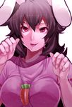  :p animal_ears between_breasts breasts brown_hair bunny_ears carrot carrot_necklace face hands highres inaba_tewi irohara_mitabi jewelry large_breasts necklace older pendant red_eyes short_hair solo tongue tongue_out touhou 