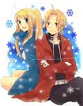  1girl back-to-back bad_id bad_pixiv_id blonde_hair blue_eyes coat couple crossed_arms edward_elric fullmetal_alchemist heart heart_of_string hetero long_hair open_mouth pocky1202 ponytail sitting smile winry_rockbell yellow_eyes 