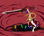  ascot black_legwear blonde_hair bow dress fingernails flandre_scarlet gmot hair_bow highres laevatein nail_polish no_hat no_headwear ponytail red_eyes red_nails short_hair side_ponytail smile solo sword symbol-shaped_pupils thighhighs touhou weapon wings 