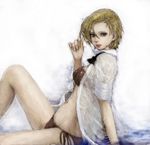  arm_support bad_id bad_pixiv_id bikini blonde_hair blue_eyes bow bowtie hair_tousle king_(snk) legs open_clothes open_shirt pon ryuuko_no_ken see-through shirt short_hair sitting sleeves_rolled_up solo swimsuit the_king_of_fighters water wet wet_clothes wet_shirt 