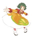  back_bow bow brown_eyes choker dress farah_oersted green_hair mota open_mouth orange_dress outstretched_arms red_choker simple_background sketch solo tales_of_(series) tales_of_eternia white_background 