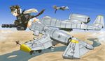  a-10_thunderbolt_ii aircraft airplane animal_ears bad_id bad_pixiv_id blonde_hair blue_eyes camouflage choco-chip_(camouflage) commentary dakku_(ogitsune) desert earmuffs emblem flektarn flying from_behind full_body gatling_gun gau-8 gun hat jet luftwaffe minigun missile multiple_girls panties pantyshot river strike_witches_1991 striker_unit tail underwear uniform weapon white_panties world_witches_series 