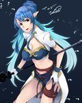  blue_background blue_hair breasts character_name cleavage_cutout copyright_name elf gloves highres judith knife large_breasts mille_(dieci) navel pointy_ears polearm red_eyes solo spear tales_of_(series) tales_of_vesperia weapon 