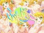  blonde_hair breasts futa_on_male futa_with_male futanari green_eyes hair_ornament hairband large_breasts nude open_mouth potato_house source_request 