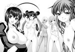  ahoge ass bad_id bad_pixiv_id bar_censor breasts censored dark_skin detached_sleeves finger_to_mouth flat_chest gen_(genetrix) greyscale large_breasts long_hair looking_back maid mole mole_under_mouth monochrome multiple_girls naughty_face nipples nude original pussy short_hair smile twintails 