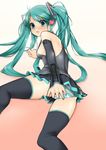  aqua_eyes aqua_hair ass bad_id bad_pixiv_id blush covering covering_ass detached_sleeves hatsune_miku highres long_hair looking_back lying necktie panties reona skirt solo striped striped_panties thighhighs twintails underwear vocaloid 